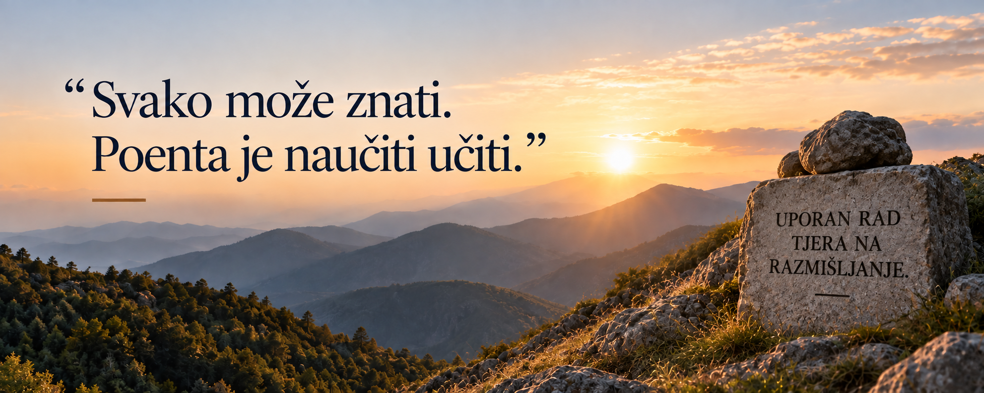 Zalazak sunca iza planina i spomenik s natpisom: Svako može znati. Poenta je naučiti učiti.